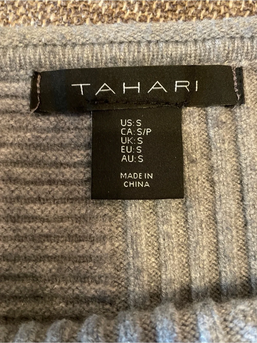 Tahari Light Gray Ribbed Panel Crewneck Sweater